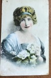 CPISTR7 Ilustrata Veche Portret Femeie Trandafiri Albi Panglica Albastra / Vintage Postcard Portrait Art Nouveau Woman White Roses Blue Ribbon