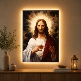 Tablou Decorativ cu iluminare LED Inima Sacra a lui Iisus,60 x 80 cm,24W,Lumina Neutra,Aliaj de Aluminiu si MDF