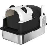 PawHut Litieră acoperită XL pentru pisici mari din oțel inoxidabil cu capac basculant, lopată, plic odorizant, design panda, negru | Aosom Romania