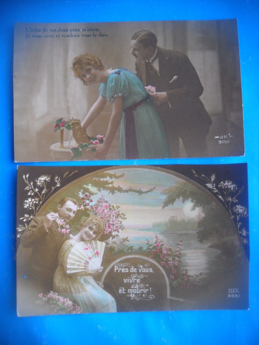 HOPCT 1646 CUPLU-ROMANTICA-FRANTA--LOT 2 CARTI POSTALE VECHI-CIRCULATE