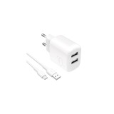 &Icirc;ncărcător de perete Puro PROLITE 10W 2x USB-A + cablu USB-A - USB-C 1.2m - alb