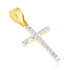 Pandantiv din aur galben 14K - cruce latina sub?ire stralucitoare, zirconii transparente foto