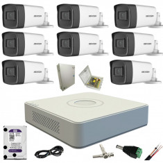 Sistem supraveghere video 8 camere exterior Turbo HD 5MP IR80m Hikvision cu toate accesoriile incluse, HDD 2TB