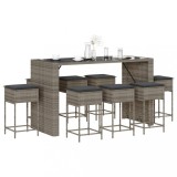 VidaXL Set mobilier bar de grădină, cu perne, 9 piese, gri, poliratan