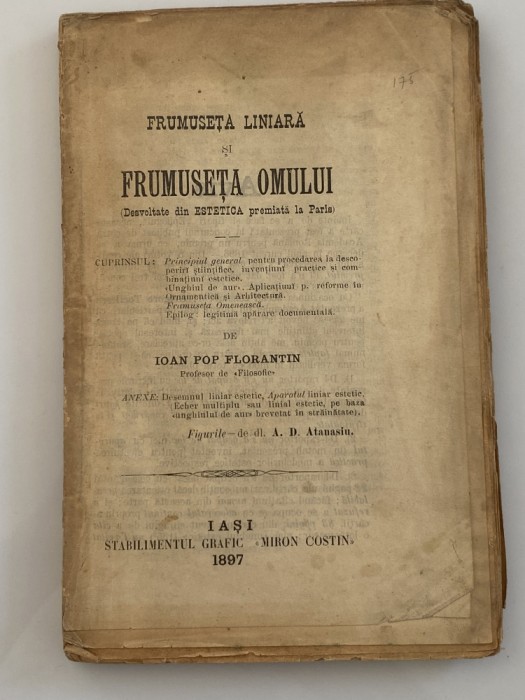 Frumusetea liniara si Frumusetea omului - Ioan Pop Florantin carte veche 1897