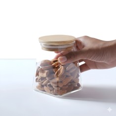 Recipient alimente din sticlă 350ml Koken, Borcane cu capac din bambus ermetic, forma trapezoidală, transparente + stickere, marker