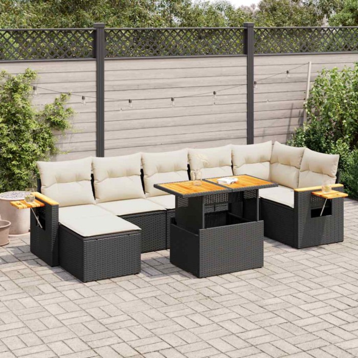 vidaXL Set mobilier grădină perne 8 piese negru, poliratan/lemn acacia 3327626