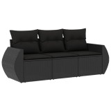 Set mobilier de gradina cu perne, 3 piese, negru, poliratan