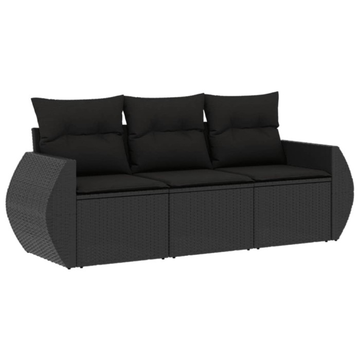 Set mobilier de gradina cu perne, 3 piese, negru, poliratan