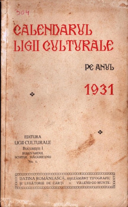C8413N Calendarul Ligii Culturale pe anul 1931