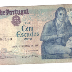 Bancnota Portugalia 100 escudos 12 martie 1985, circulata, stare relativ buna