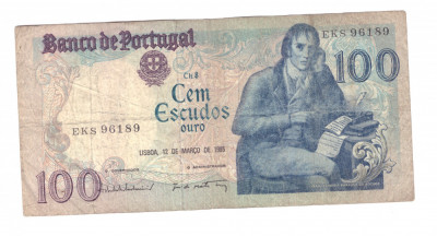 Bancnota Portugalia 100 escudos 12 martie 1985, circulata, stare relativ buna foto