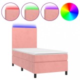 Cumpara ieftin Pat cu arcuri, saltea si LED, roz, 100x200 cm, catifea