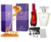 Set apa de toaleta Passion Dance 50 ml, apa de parfum Rare Pearls 50 ml, card multifunctional, de supravietuire si trandafir auriu cu suport si cutie