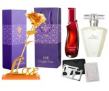 Set apa de toaleta Passion Dance 50 ml, apa de parfum Rare Pearls 50 ml, card multifunctional, de supravietuire si trandafir auriu cu suport si cutie