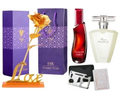 Set apa de toaleta Passion Dance 50 ml, apa de parfum Rare Pearls 50 ml, card multifunctional, de supravietuire si trandafir auriu cu suport si cutie