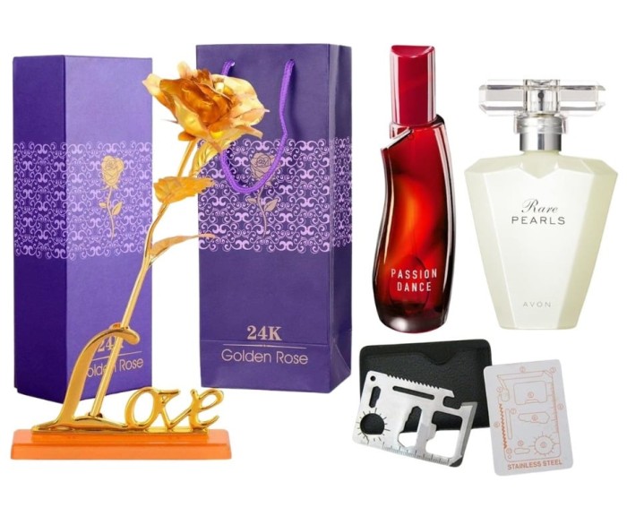 Set apa de toaleta Passion Dance 50 ml, apa de parfum Rare Pearls 50 ml, card multifunctional, de supravietuire si trandafir auriu cu suport si cutie