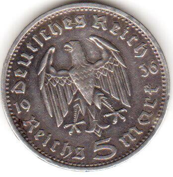 GERMANIA 5 MARCI REICHSMARK 1936 Lit. D foto