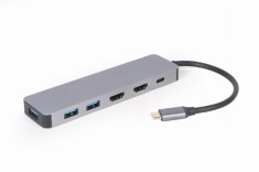 DOCKING Station Gembird universal,3-in-1, conec PC USB Type C, USB-C x 1, USB-A 3.0 x 3, HDMI x 2, PD 100W, argintiu &quot;A-CM-COMBO3-03&quot; (timbru verde 0.