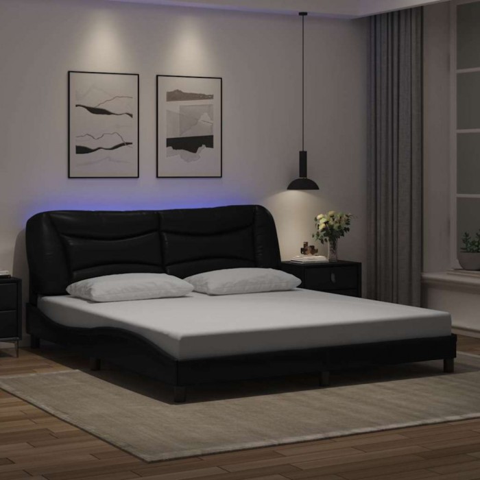 vidaXL Cadru de pat cu lumini LED, negru, 180x200 cm, piele ecologică 3213948