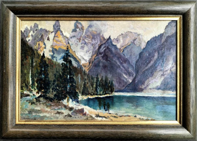 Peisaj montan cu lac, pictură veche semnată indescifrabil foto