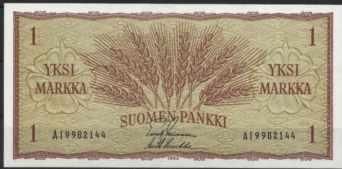 !!! FINLANDA - 1 MARKKA 1963 - P 98 a 9 - UNC / CEA DIN SCAN