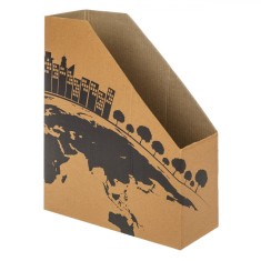 Suport Dosare și Reviste, Model Carton Kraft, Imprimeu Negru Case și Copaci, 26x9x32cm