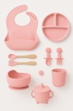 Set diversificare bebe 8 piese din silicon alimentar, BRIVOO&reg;, farfurie cu ventuza, bol, baveta, tacamuri, cana roz