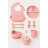Set diversificare bebe 8 piese din silicon alimentar, BRIVOO&reg;, farfurie cu ventuza, bol, baveta, tacamuri, cana roz