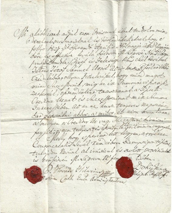 A3027N O număr de nobili și plebei &icirc;mprumută suma de 20 florini renani, 1824, T&acirc;rgu Lăpuș, Maramureș, act cu sigilii personale &icirc;n ceară roșie
