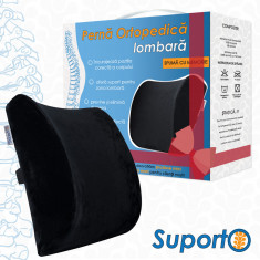 Perna lombara Suporto Negru | Suport lombar Scaun birou sau masina | Perna Suport Lombar | 34 x 30 x 12/8 cm