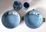 Set 4 piese ceramica Longwy baby, Franta, Made in France, pentru copii, vintage, de colectie, cu caine si ratuste