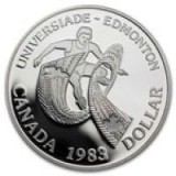 Canada 1 Dolar 1983 (comemorativa: Universiada de la Edmonton) Argint 23.33g/500, 36,07 mm, KM-138 UNC !!! (necirculata)