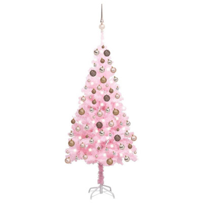 Pom de Crăciun artificial cu LED-uri/globuri, roz, 120 cm PVC foto