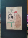Caricatura, desen original in penita si ceracolor, semnata Iosif Ross 1899 - 1974, barbat la casa de bilete, cu paspartu