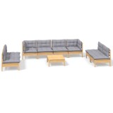 Set mobilier de gradina cu perne gri, 9 piese, lemn masiv pin