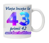 Cana alba personalizata &quot; Viata incepe la &quot;, 43 ani, INOVATIX&reg;. 330ml, Oem
