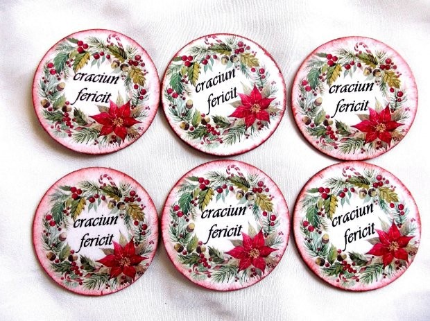 Suporturi pahare cu Craciun fericit, set suport pahare sarbatori de iarna 39989