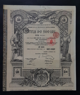 Obligatiune / titlu 500 lei 1913 / tema actiuni , titluri istorice foto