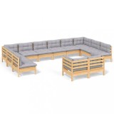 Set mobilier gradina cu perne, 12 piese, gri, lemn masiv pin
