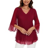 Bluză de damă din mesh cu m&acirc;neci 3/4, cu imprimeu floral, dublă straturi, decolteu &icirc;n V, tunică largă &ndash; o singură mărime