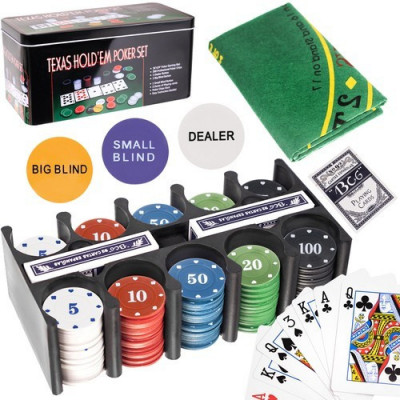Set de poker Texas Holdem, 200 jetoane, 2 pachete carti de joc, 6 persoane, 3 jetoane incluse foto