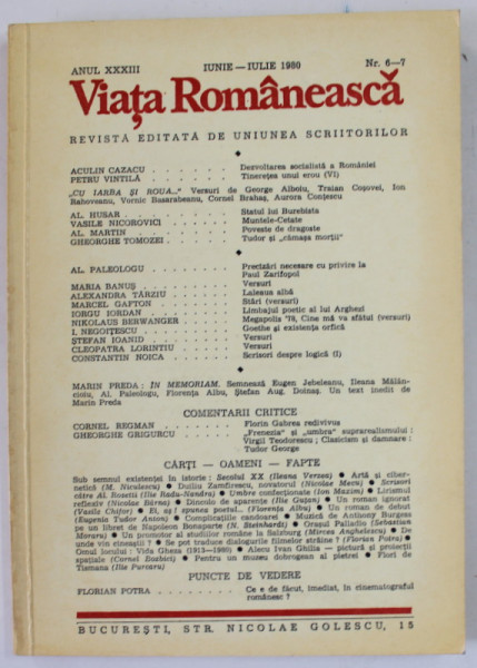 VIATA ROMANEASCA , REVISTA EDITATA DE UNIUNEA SCRIITORILOR , ANUL XXXIII , NR.6-7 , IUNIE - IULIE , 1980
