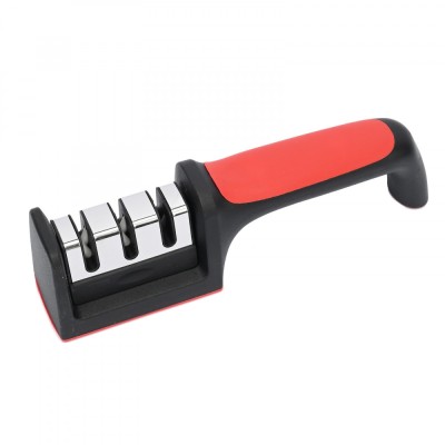 Dispozitiv pentru ascutit cutite Cyrax, cu 3 pozitii, rosu/negru, material inox si ABS, 21.5x5x6 cm foto