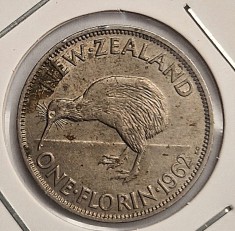 Noua Zeelanda 1 Florin 1962 km # 28.1 moneda cupru nichel tiraj mic rara