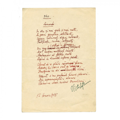 Victor Eftimiu, &amp;bdquo;Leonardo&amp;rdquo;, manuscrisul unei poezii, 1955 foto