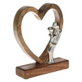 Decorațiune de Masă, Model Inimă cu Cuplu &Icirc;mbrățișat, Lemn și Metal, 18x5x22cm