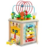 Cumpara ieftin Centru din lemn educativ Montessori, Cub activitati bebelusi 7 in 1, labirint, fructe, viermisori, morcovi,