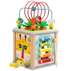 Centru din lemn educativ Montessori, Cub activitati bebelusi 7 in 1, labirint, fructe, viermisori, morcovi,