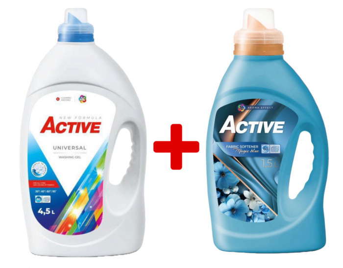 Detergent Universal de rufe lichid Active, 4.5 litri, 90 spalari + Balsam de rufe Active Magic Blue, 1.5 litri, 60 spalari